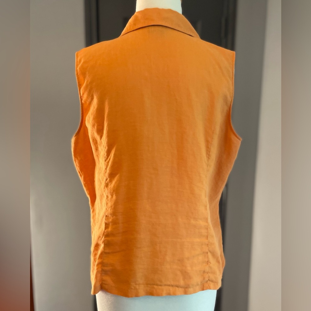100% Linen Orange Sleeveless Beach Summer Button-Up Top - Picture 3 of 7